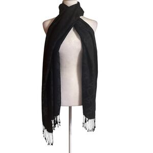 Anne Klein Black Logo Jacquard Fringe Scarf Wrap